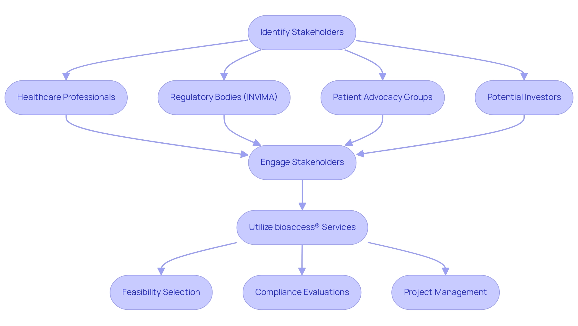 Each box represents a step or category of stakeholder, with arrows indicating the flow of engagement. Different colors denote stakeholders and the services provided by bioaccess®.