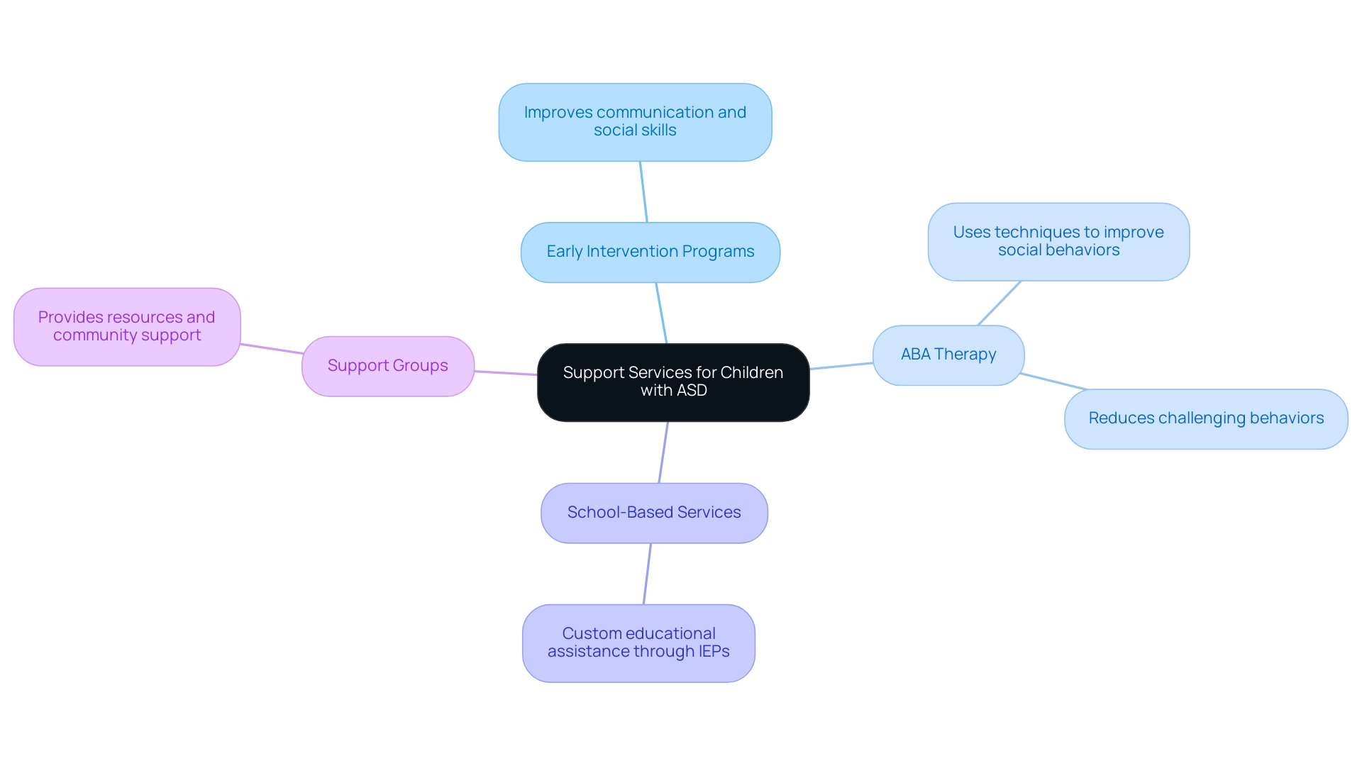 The central node represents the overall theme of support services, with branches illustrating the four key types of services available, each color-coded for clarity.