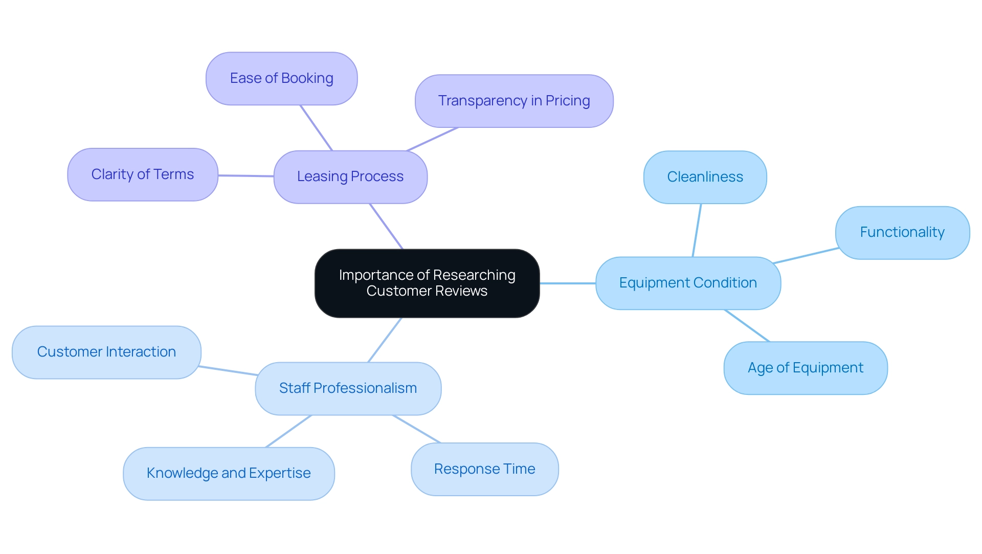 The central node represents the importance of research, with branches indicating key areas to evaluate based on customer reviews. The central node represents the importance of research, with branches indicating key areas to evaluate based on customer reviews.