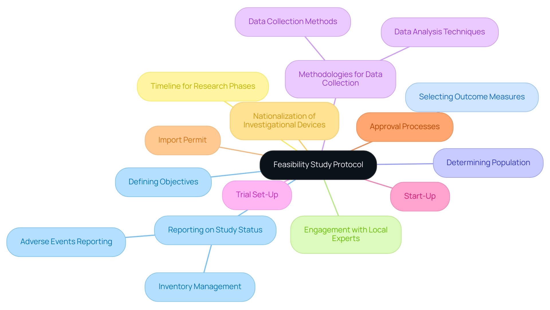 The central node represents the feasibility study protocol, with branches illustrating the key components and aspects of the research process.