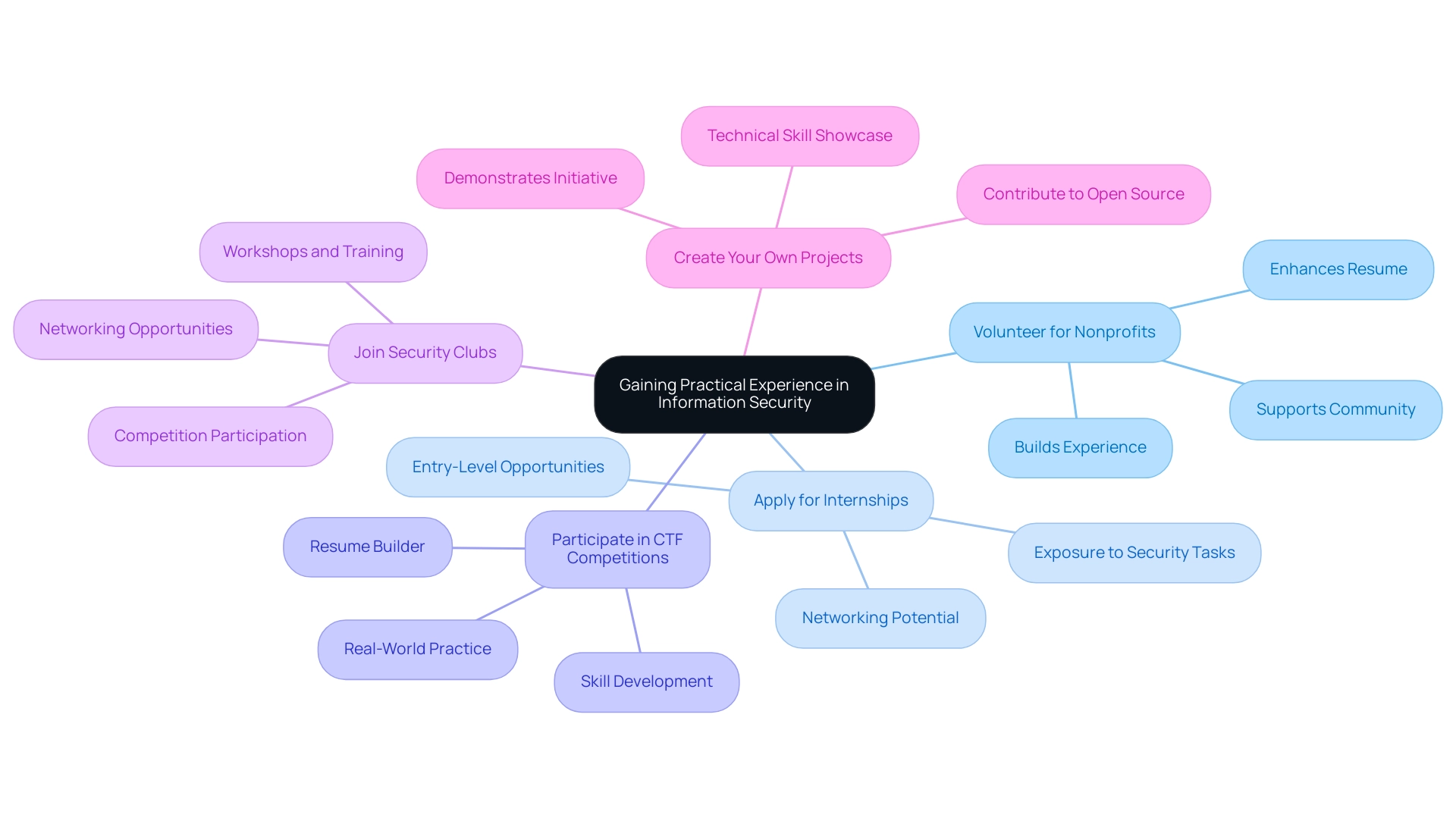Each branch represents a strategy for gaining practical experience, and the colors denote different strategies for clarity. Each branch represents a strategy for gaining practical experience, and the colors denote different strategies for clarity.