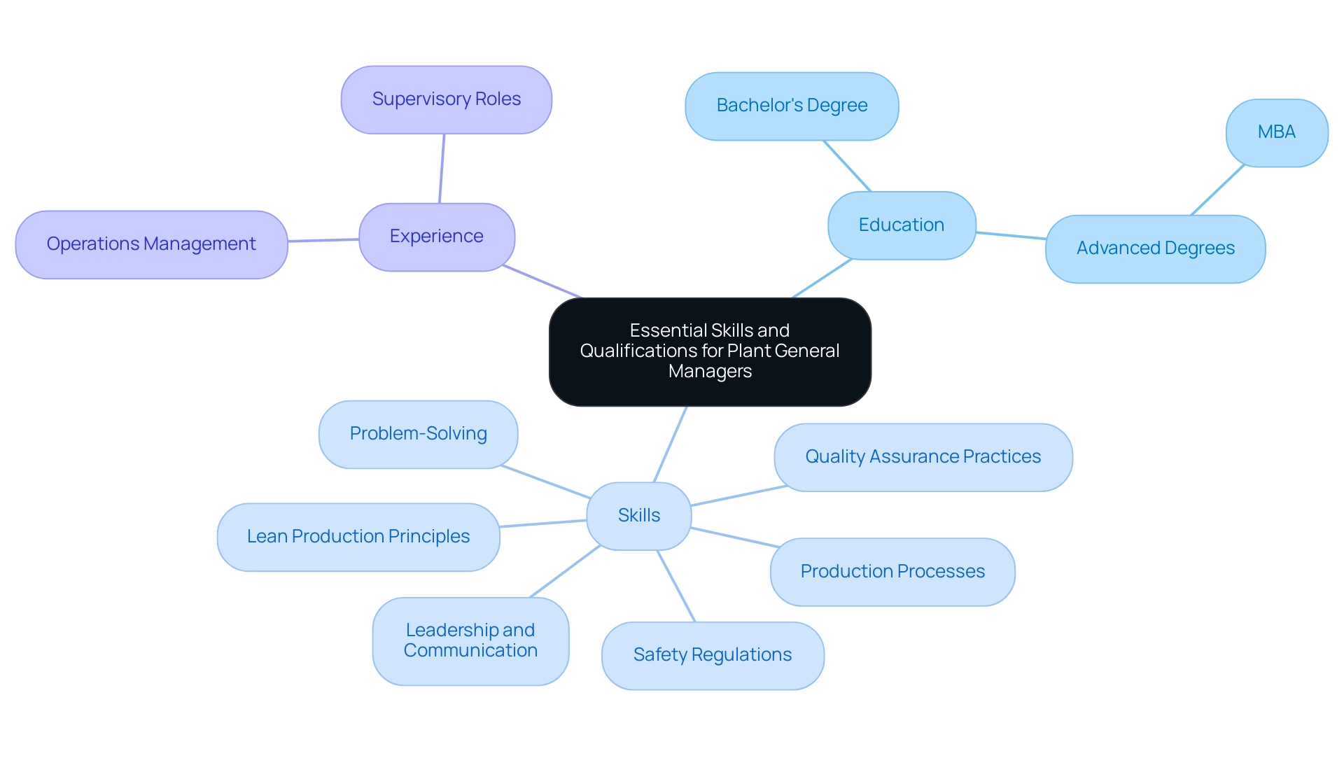 The central node represents the overall qualifications, with branches showing the main categories of Education, Skills, and Experience. The central node represents the overall qualifications, with branches showing the main categories of Education, Skills, and Experience.