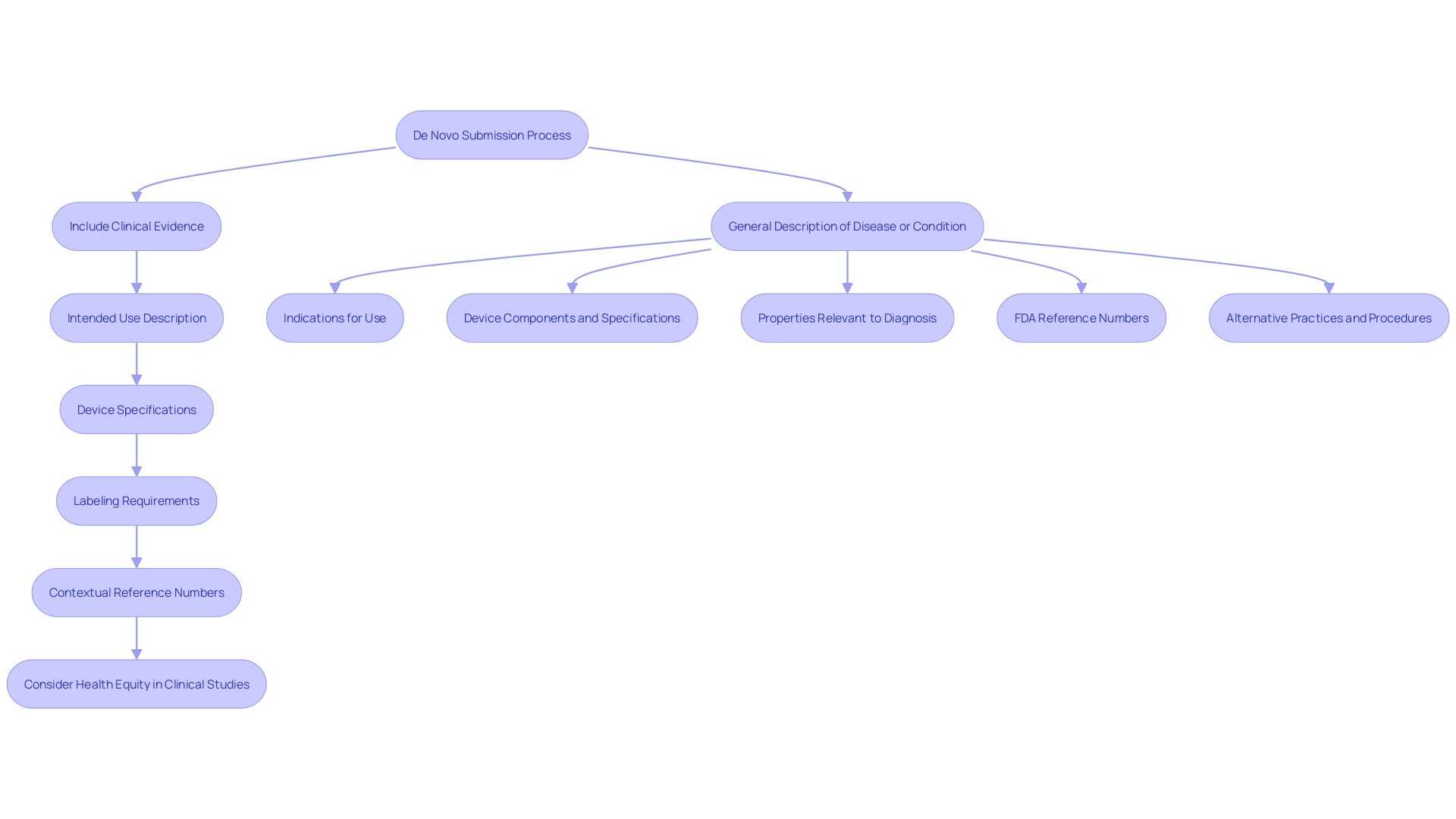 This flowchart outlines the key steps and components involved in the De Novo submission process for medical instruments, highlighting the critical elements that must be addressed for successful validation.