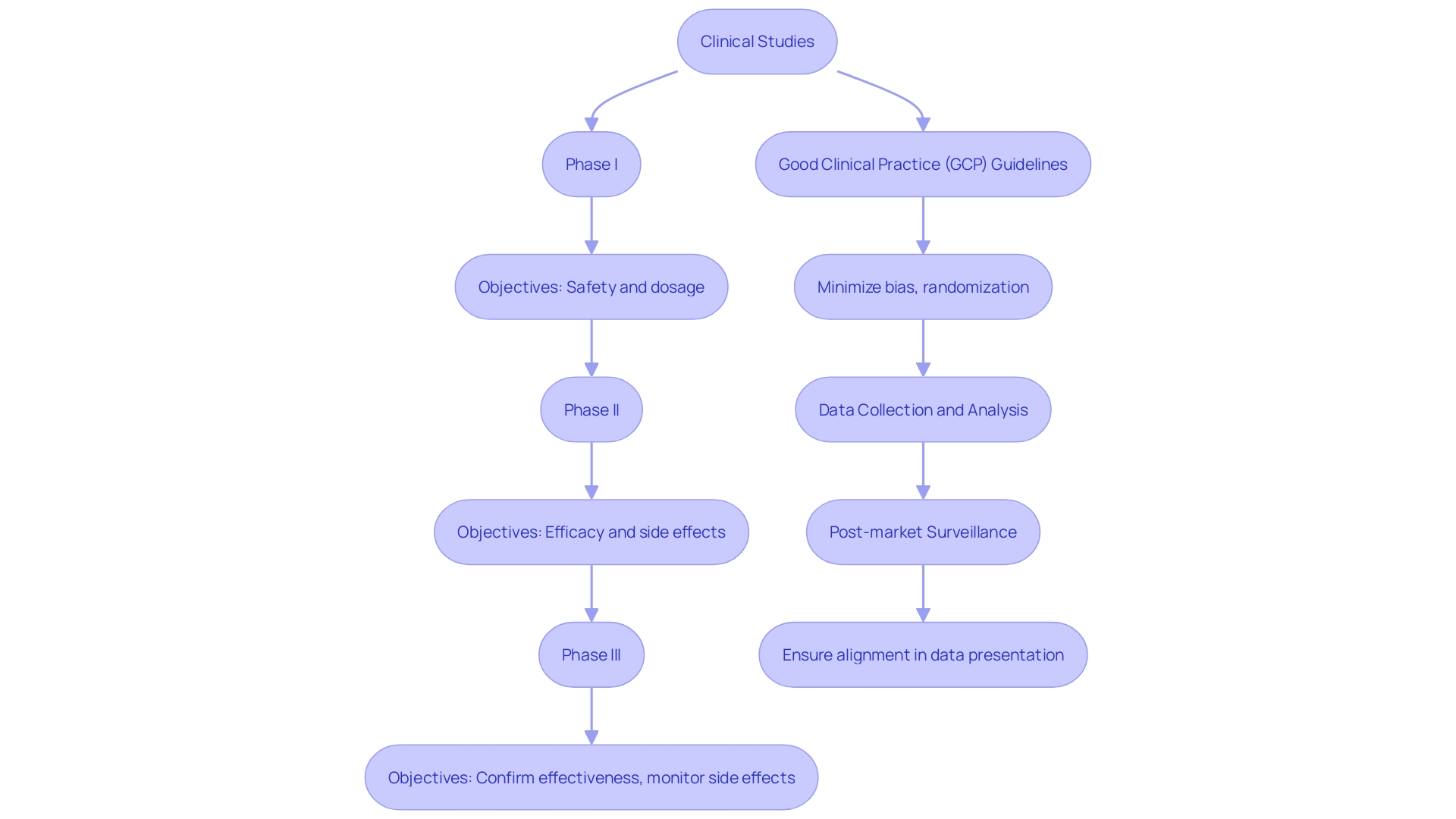 This flowchart outlines the phases of clinical studies and their specific objectives, highlighting the progression from safety assessment to efficacy confirmation.